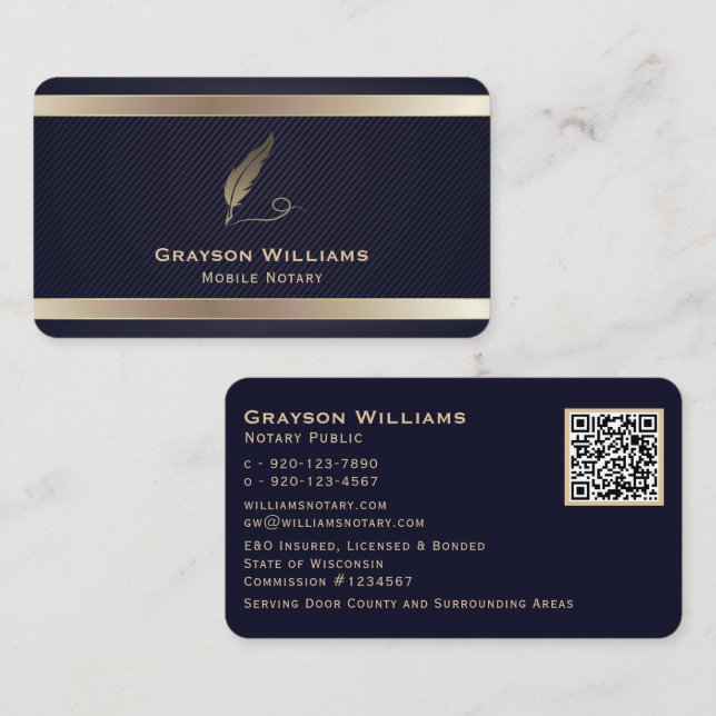Mobile Notary Quill QR Code Gold Navy Business Card (Front/Back)