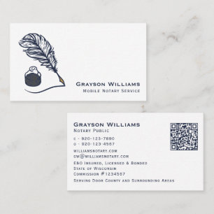 Mobile Notary Quill QR Code White Navy Business C Business Card