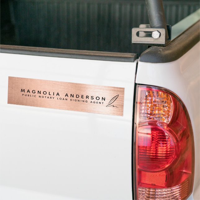 Mobile Notary Quill Rose Gold Brushed Metal Bumper Sticker (On Truck)