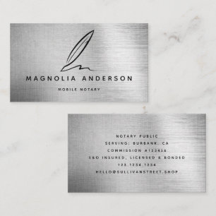 Mobile Notary Quill Silver Brushed Metal Business Card
