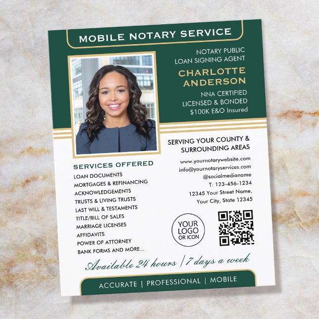 Mobile Notary Service Flyers Classic Green Gold (Creator Uploaded)