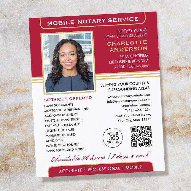 Mobile Notary Service Flyers Classic Red Gold (Creator Uploaded)