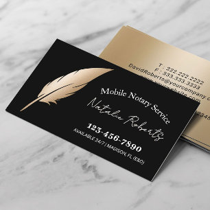 Mobile Notary Service Gold Feather Pen Black Business Card