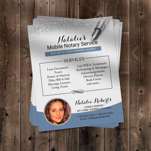 Mobile Notary Service Silver Glitter Blue Photo Flyer (Creator Uploaded)