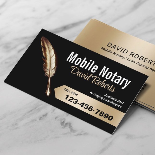 Mobile Notary Signing Agent Gold Feather Pen Black Business Card (Creator Uploaded)
