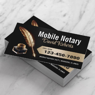 Mobile Notary Signing Agent Gold Feather Pen Business Card