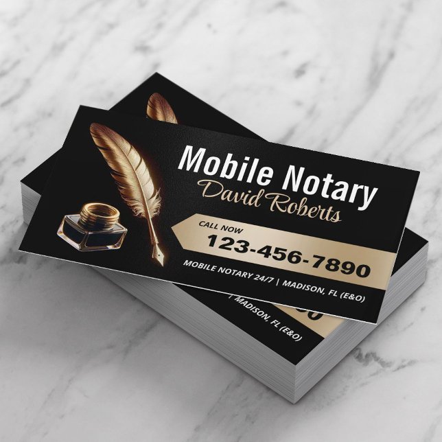 Mobile Notary Signing Agent Gold Feather Pen Business Card (Creator Uploaded)