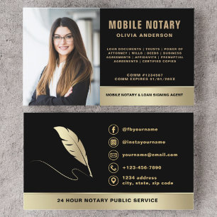 Mobile Notary Signing Agent Photo Black & Gold Business Card