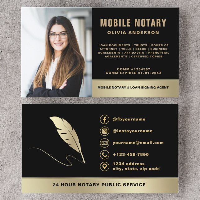 Mobile Notary Signing Agent Photo Black & Gold Business Card (Creator Uploaded)