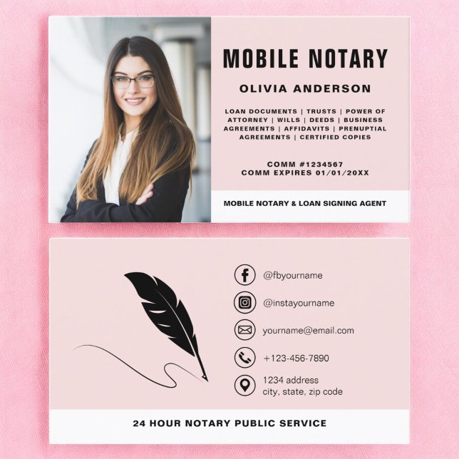 Mobile Notary Signing Agent Photo Blush Pink Business Card (Creator Uploaded)