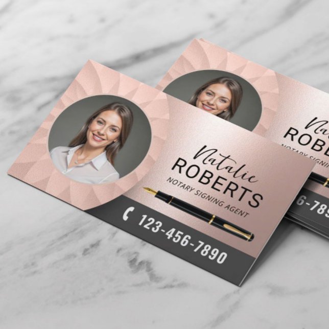 Mobile Notary Signing Agent Rose Gold Photo Business Card (Creator Uploaded)
