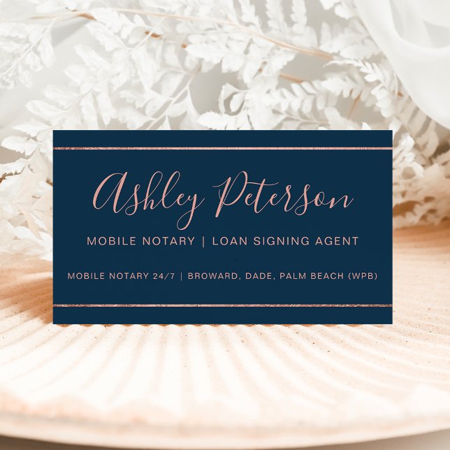 Mobile Notary typography rose gold stripe blue Business Card (Creator Uploaded)