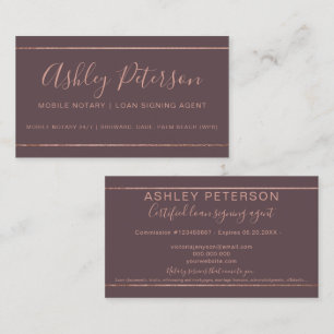 Mobile Notary typography rose gold stripe mauve Business Card