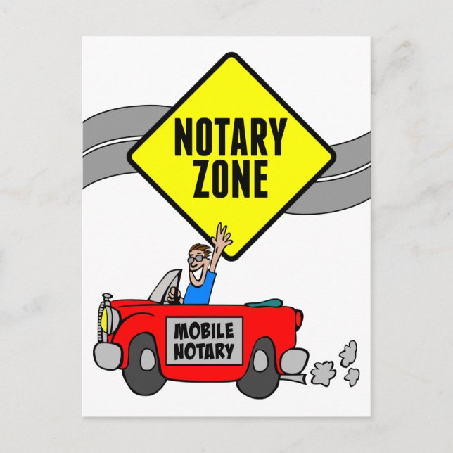 Mobile Notary Zone Yellow Road Sign Red Sports Car Postcard (Front)