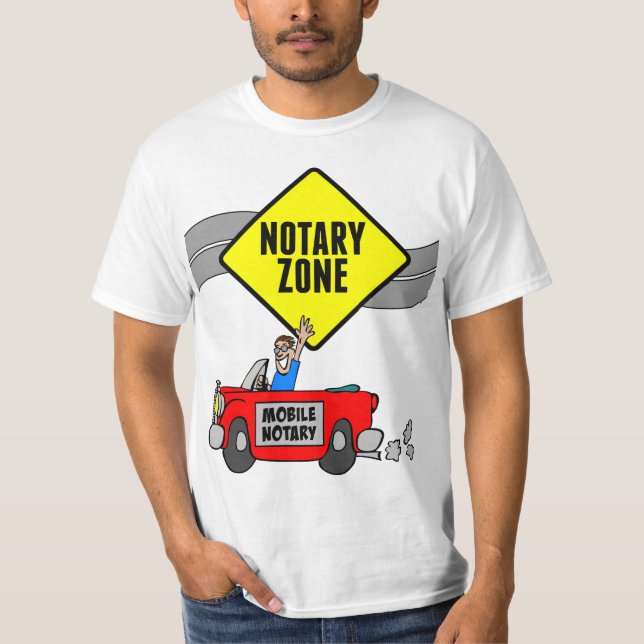Mobile Notary Zone Yellow Road Sign Red Sports Car T-Shirt (Front)