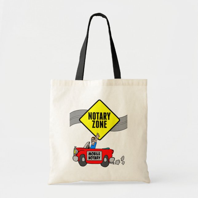 Mobile Notary Zone Yellow Road Sign Red Sports Car Tote Bag (Front)