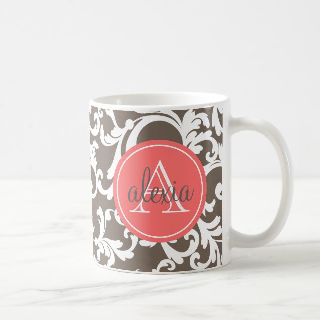 Mocha and Coral Monogrammed Damask Print Coffee Mug (Right)