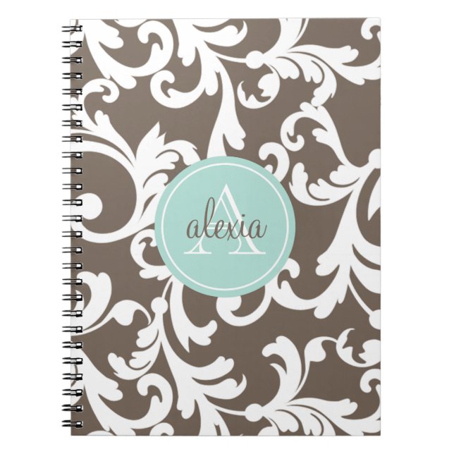 Mocha and Mint Monogrammed Damask Print Spiral Notebook (Front)
