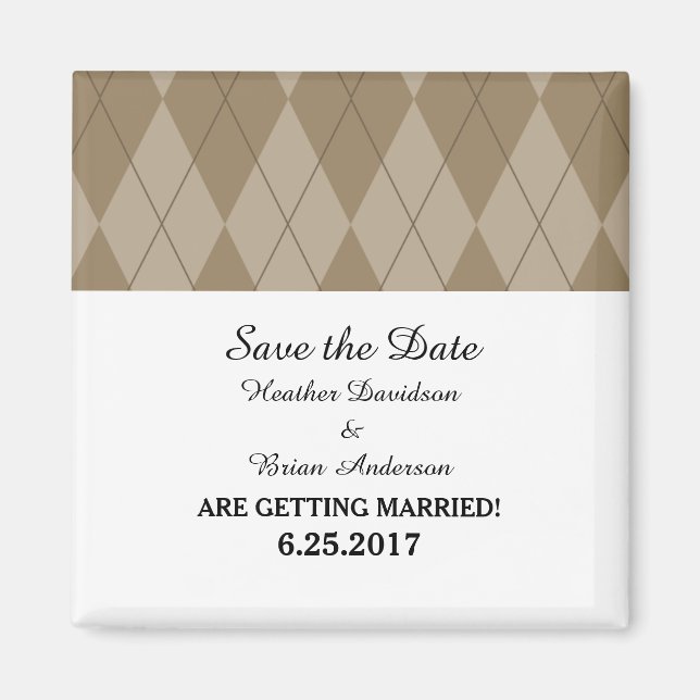 Mocha Argyle Save the Date Magnet (Front)