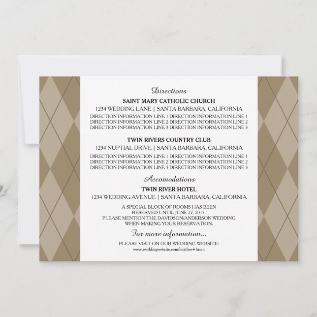 Mocha Argyle Wedding Information Card (Front)
