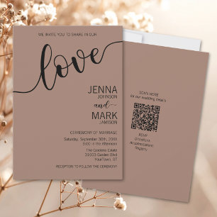 Mocha Black Love Script Minimalist Wedding Invitation