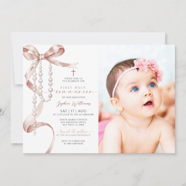 Mocha Bow & Rosary Photo First Holy Communion Invitation (Front)