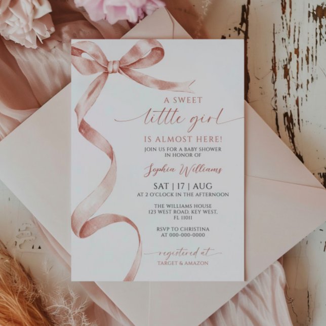 Mocha Bow Sweet Little Girl Baby Shower Invitation (Creator Uploaded)