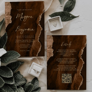 Mocha Brown Agate Gold Script QR Code Wedding Invitation