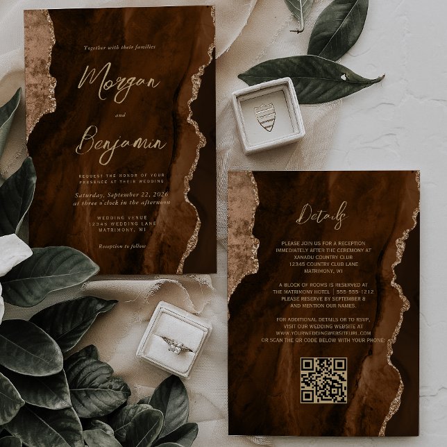 Mocha Brown Agate Gold Script QR Code Wedding Invitation (Creator Uploaded)
