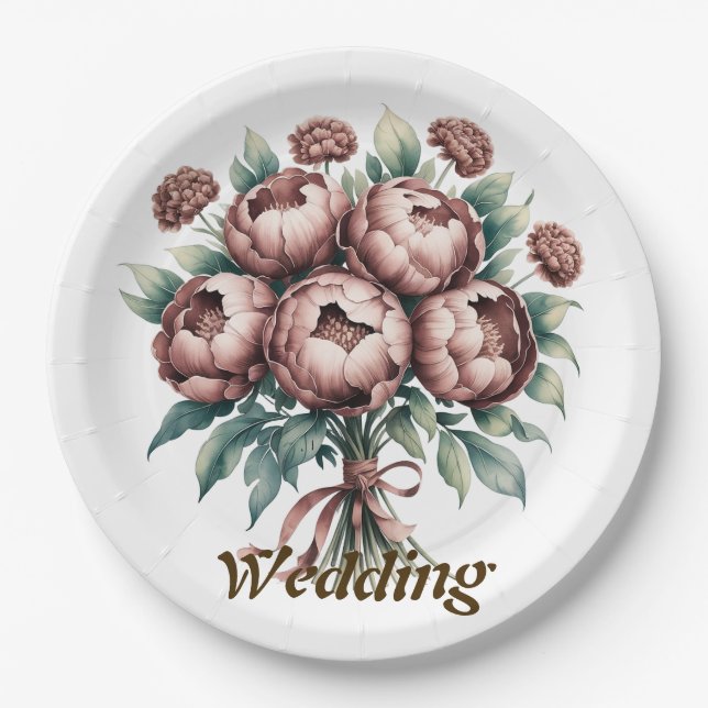 Mocha Brown Blooms Wedding Paper Plate (Front)