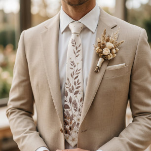 Mocha Brown Cream Botanical Neutral Wedding Tie
