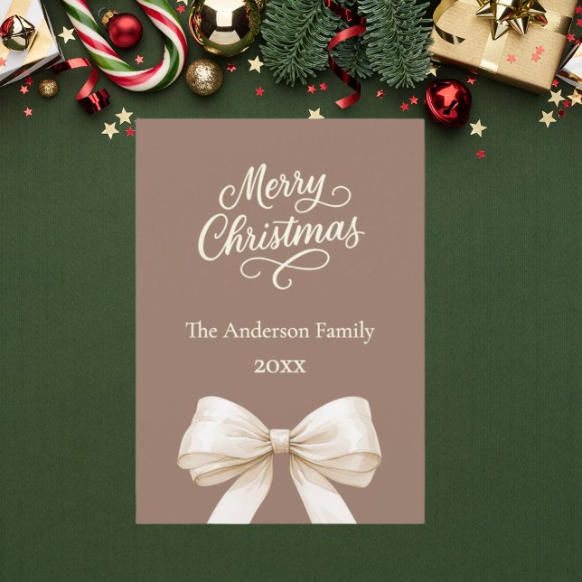 Mocha brown cream bow photo year review Christmas Holiday Card (Creator Uploaded)