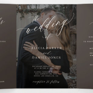 Mocha brown cream QR code RSVP photo wedding Tri-Fold Invitation