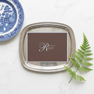 Mocha Brown Dusty Blue Script Wedding RSVP Card