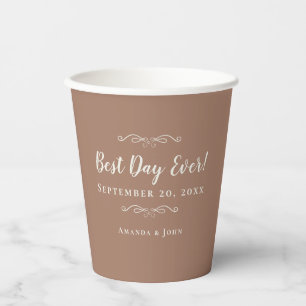 Mocha Brown Elegant Wedding Best Day Ever Romantic Paper Cups