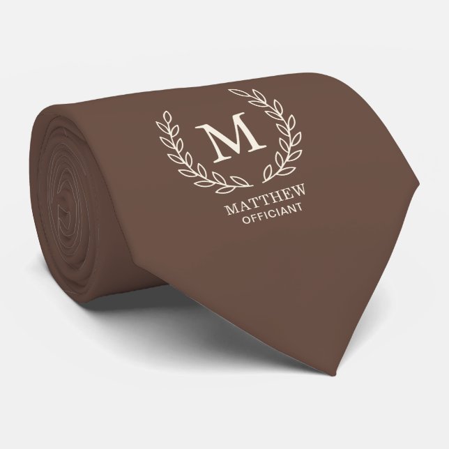 Mocha Brown Elegant Wedding Officiant Monogram Tie (Rolled)