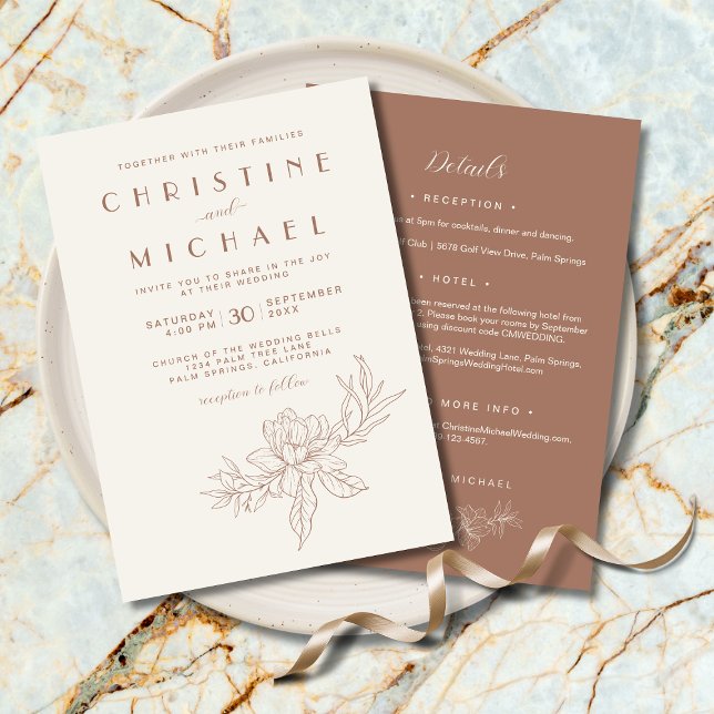 Mocha Brown Floral Formal All In One Ivory Wedding Invitation (Mocha Mousse Floral Formal Ivory All-In-One Wedding Invitation with Magnolia Flower. Wedding Details)