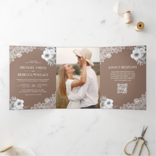 Mocha Brown Floral Lace Photo QR Code Wedding Tri-Fold Invitation