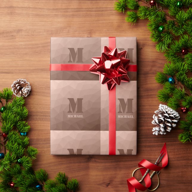 Mocha Brown geometric mesh pattern Monogram Wrapping Paper (Holiday Gift)