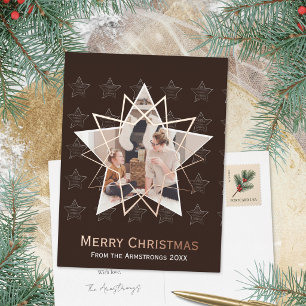 Mocha Brown Geometric Star Modern Christmas Foil Holiday Postcard