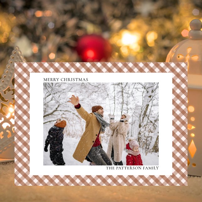 Mocha Brown Gingham Horizontal Photo Christmas Holiday Card (Creator Uploaded)