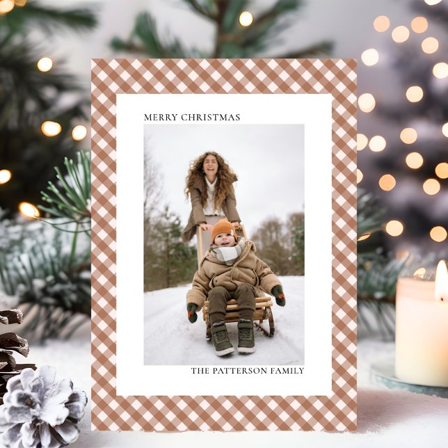 Mocha Brown Gingham Plaid Pattern Photo Christmas Holiday Card (Creator Uploaded)