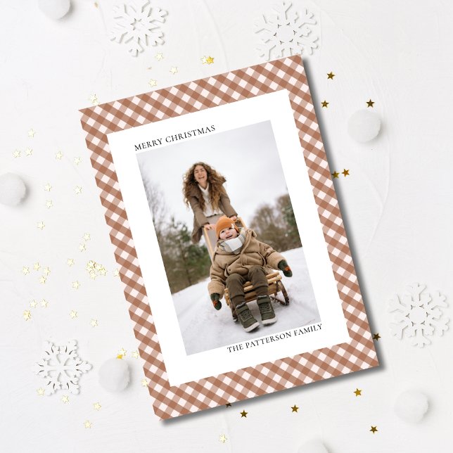 Mocha Brown Gingham Plaid Pattern Photo Christmas Holiday Postcard (Creator Uploaded)