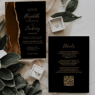 Mocha Brown Gold Agate Black QR Code Wedding Invitation