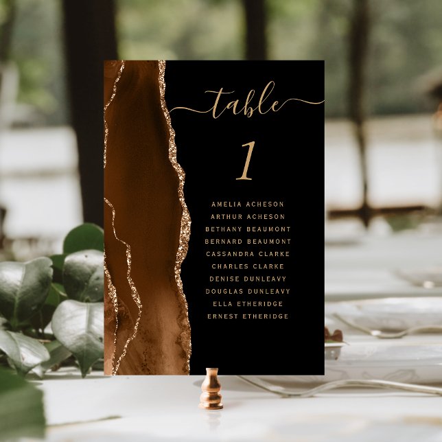 Mocha Brown Gold Agate Black Wedding Table Number (Creator Uploaded)