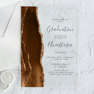 Mocha Brown Gold Agate Gray Text Graduation Acrylic Invitations