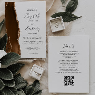 Mocha Brown Gold Agate QR Code Wedding Invitation