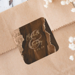 Mocha Brown Gold Agate Script Wedding Square Sticker