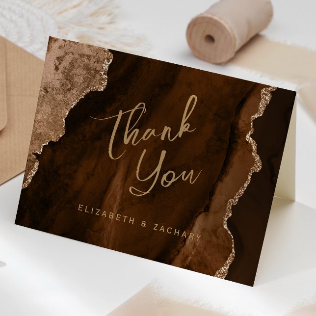 Mocha Brown Gold Agate Script Wedding Thank You Card (Creator Uploaded)