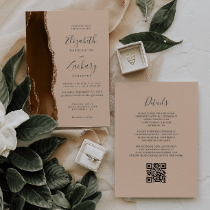 Mocha Brown Gold Agate Tam QR Code Wedding Invitation